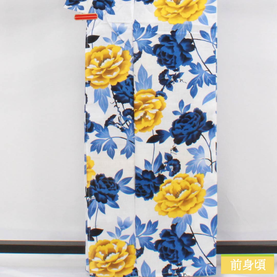 （新品未使用品）浴衣 木綿 身丈163.5cm 裄丈69cm NEWランク 単衣 白系 型染 牡丹 未使用品 1118006801411