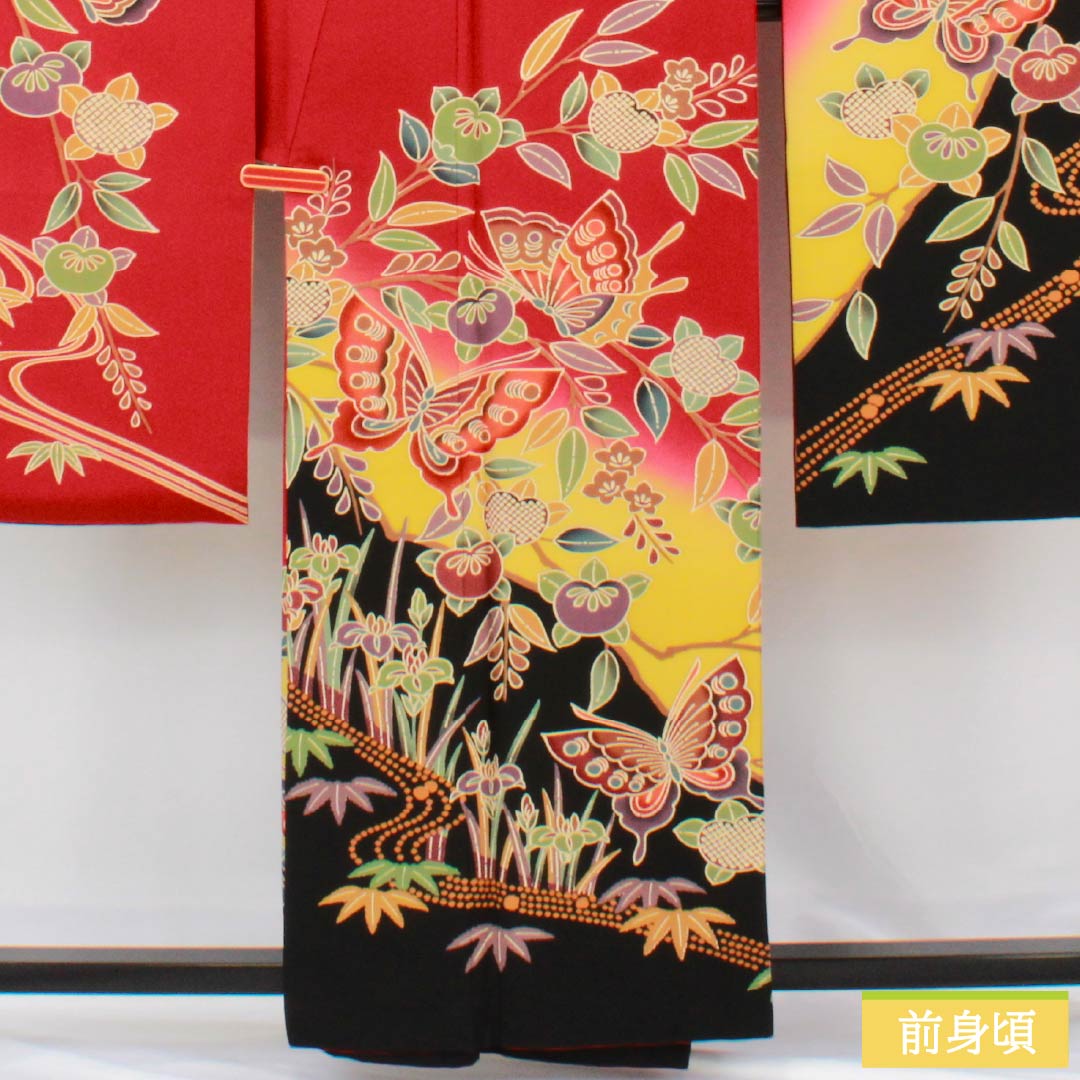 振袖 正絹 Aランク 身丈158.5cm 裄丈67cm 袷 紅赤色（べにあかいろ） 京紅型 吉祥文様 蝶 菖蒲 橘 赤系 1113002283312