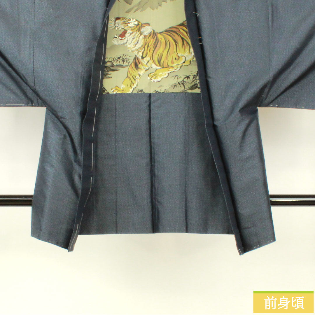 男士纯丝，长度 88.5 厘米，袖长 67 厘米，大岛紬，纬絣，羽织，附疏缝线，S 级，衬里，海军蓝，1119000882118