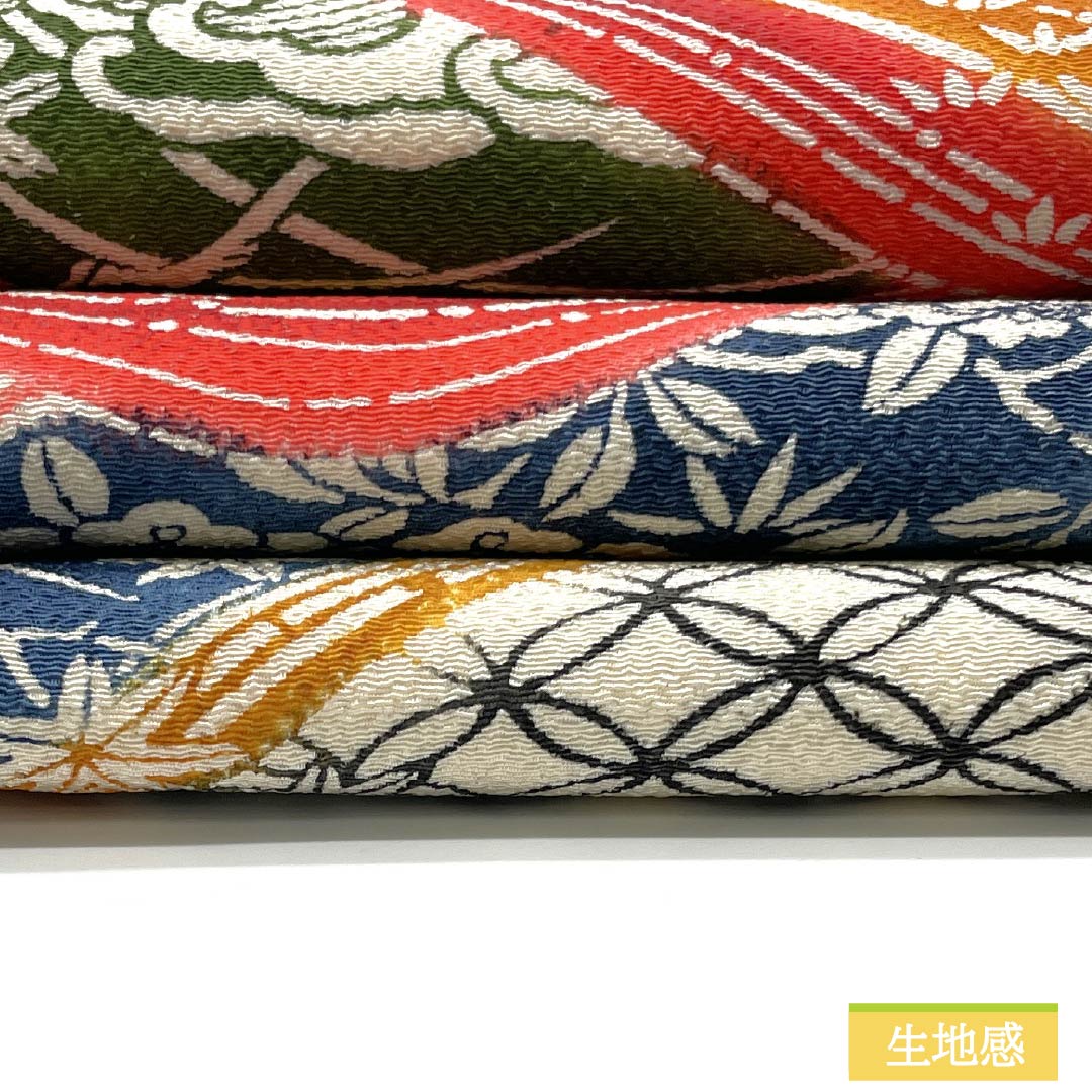 名古屋帯 濃紅葉色（こいもみじいろ） 京紅型 ちりめん地 七宝 帯丈370cm 正絹 Sランク 全通 セミフォーマル グラデーション系 1124007322399 名古屋仕立て