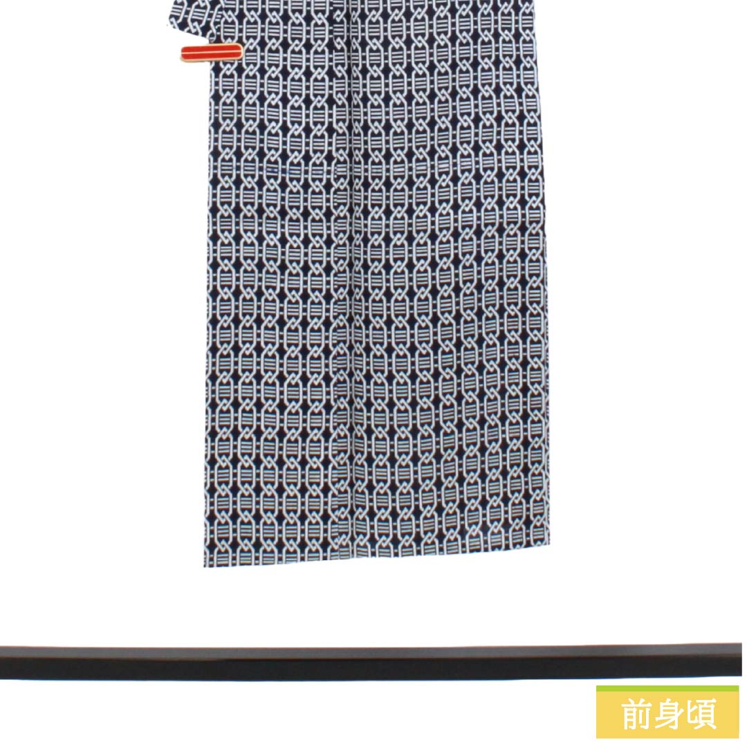 メンズ浴衣 木綿 Aランク 身丈140.5cm 裄丈66cm 濃紺色（のうこんいろ） 幾何学模様 単衣 紺系 1138000573418