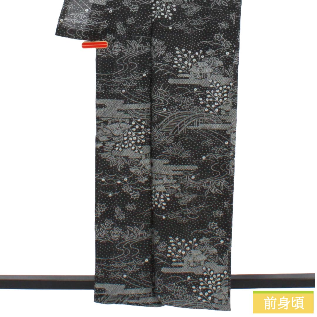 夏物 ポリエステル 小紋 Aランク 身丈161.5cm 裄丈66cm 風景模様 洗える着物 絽 黒系 1132005153410