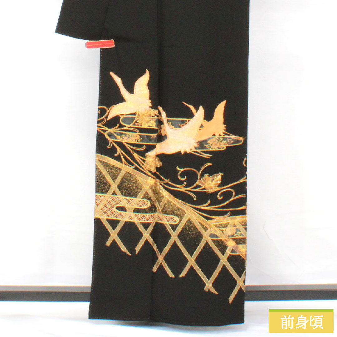 Black formal kimono, pure silk, length 162cm, sleeve length 64cm, lined, gold leaf embroidery, crane, five crests, three oak leaves in a circle, B grade, black, 1111001444410
