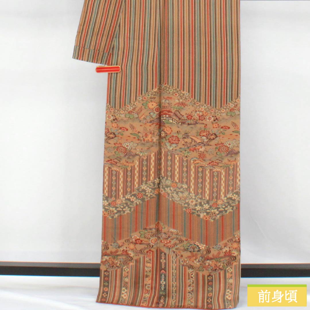 訪問着 正絹 Sランク 袷 身丈165.5cm 裄丈66.5cm 遠州茶色（えんしゅうちゃいろ） 京紅型 縞 茶屋辻 橙系 1112006892526