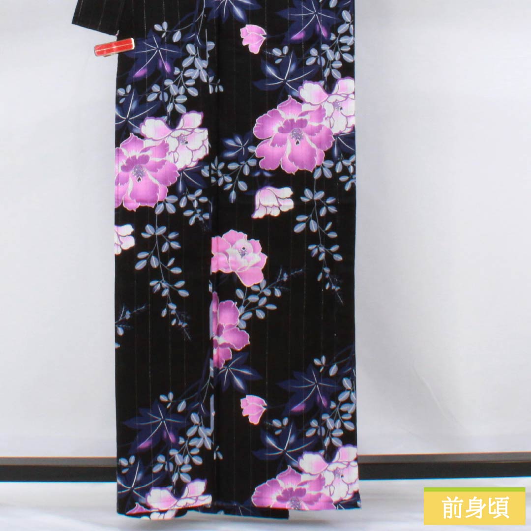 Cotton Yukata, Length 161.5cm, Sleeve Length 65cm, S Rank, Single Layer, Black, Vertical Silk, Floral Design with Silver Thread, Product Number: 1118006662410