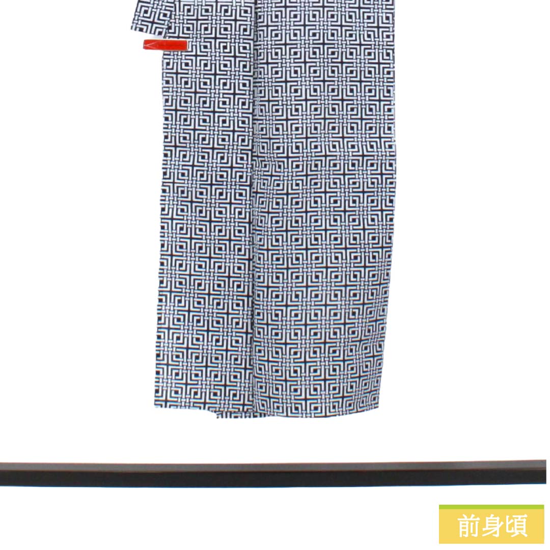 メンズ浴衣 木綿 Aランク 身丈143.5cm 裄丈65.5cm 濃紺色（のうこんいろ） 幾何学模様 居敷当て付き 単衣 紺系 1138000733418