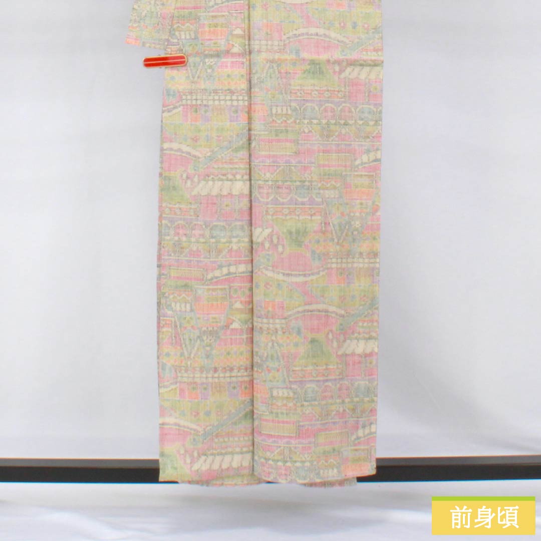 紬 着物 縞に絣文様 赤色 単衣 広衿 正絹 カジュアル着物 仕立て上がり 身丈160cm 紬 着物 大島紬 葉模様 紺色x赤色 袷 広衿 正絹 仕立て上がり着物
