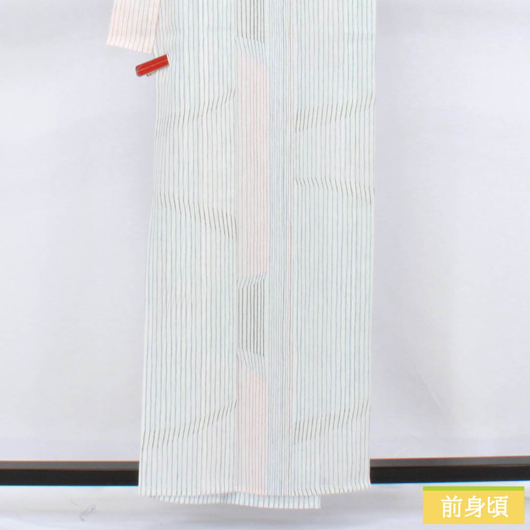 夏物 ポリエステル 小紋 身丈157.5cm 裄丈64.5cm 縞 洗える着物 刺繍 紗 Sランク 白系 1132002552311