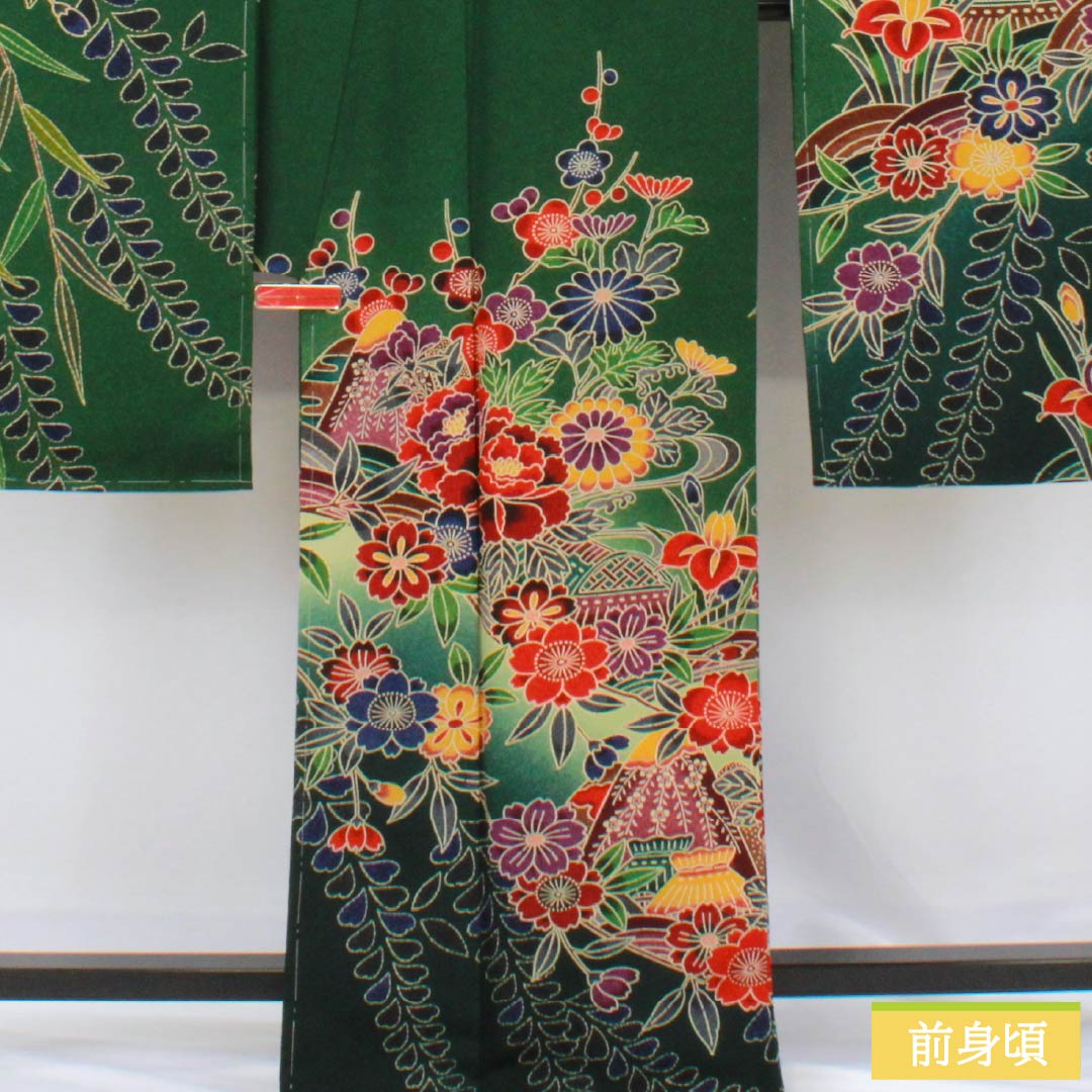 振袖 正絹 Sランク 身丈168.5cm 裄丈68cm 袷 天鵞絨色（びろうどいろ） 京紅型 吉祥文様 桜 おしどり 藤 緑系 1113002292519