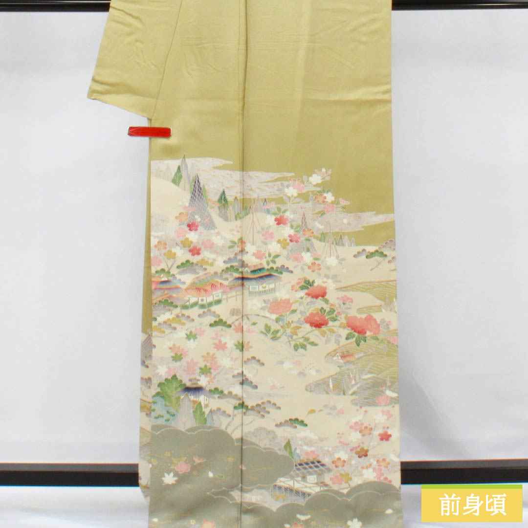 訪問着 正絹 Aランク 袷 身丈171.5cm 裄丈69cm 玉子鼠色（たまごねずいろ） 京友禅 網干 風景模様 黄系 1112006093623