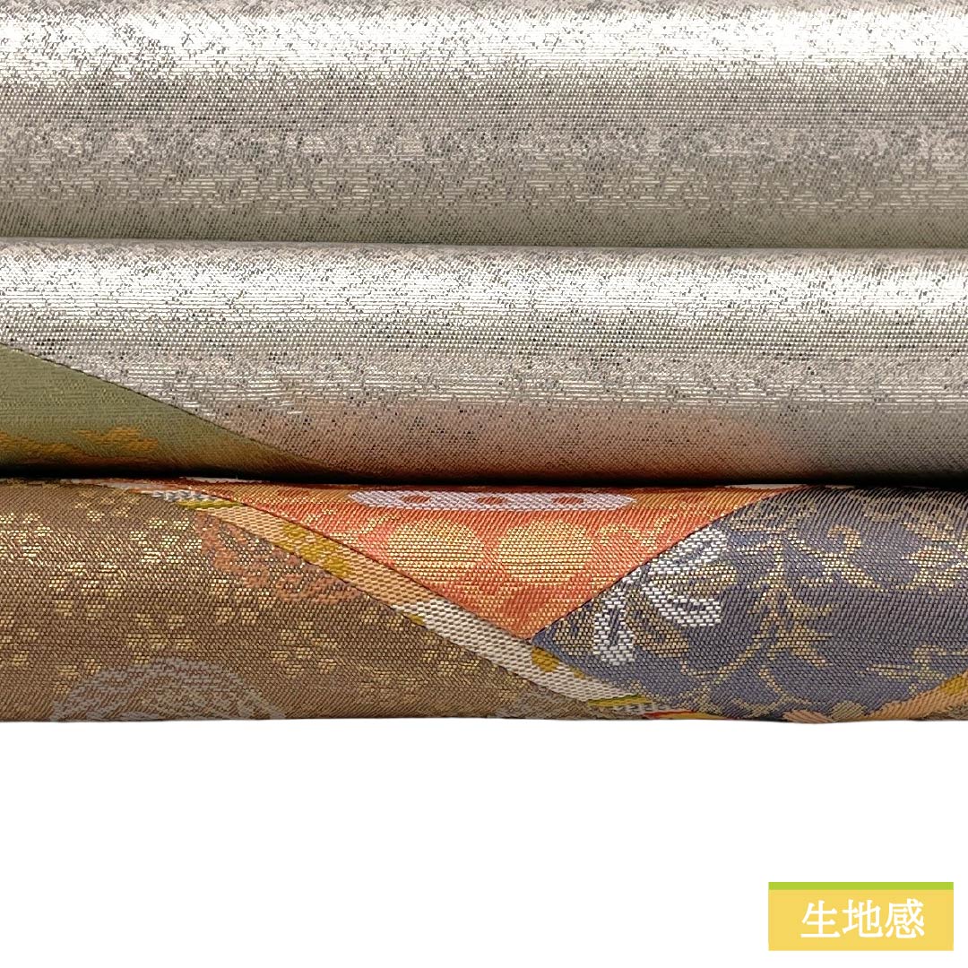 袋帯 正絹 Aランク 銀色（ぎんいろ） 引箔 裂取り 扇面  帯丈424cm ポイント柄 セミフォーマル 銀系 1123018523322