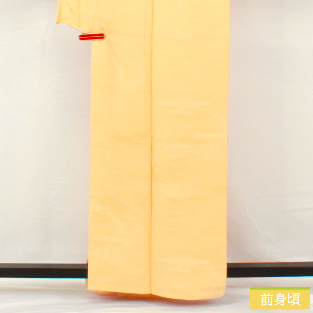 色無地 正絹 身丈160.5cm 裄丈65cm 薄柿色（うすがきいろ） 一つ紋 雪輪に蔦 しつけ糸付き 袷 Sランク 橙系 1114001642426