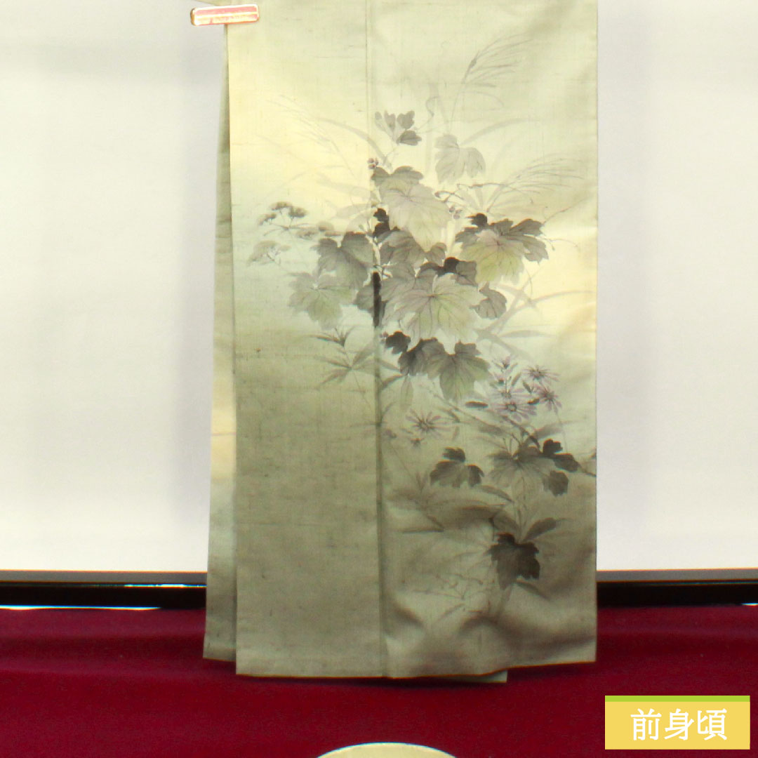 訪問着 正絹 袷 身丈164.5cm 裄丈66.5cm 紬地 作家物 墨描き 草花模様 Aランク 緑系 1112004053419