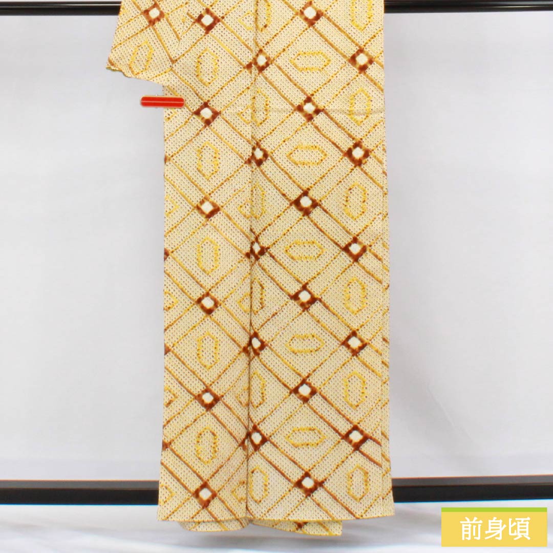 小紋 正絹 Aランク 身丈158cm 裄丈64cm 袷 藤黄色（とうおういろ） 絞り 幾何学模様 黄系 1115006583323