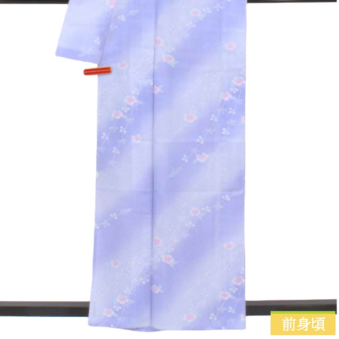 夏物 ポリエステル 小紋 Aランク 身丈159cm 裄丈63.5cm 藤色（ふじいろ） 洗える着物 草花模様 絽 紫系 1132006123320