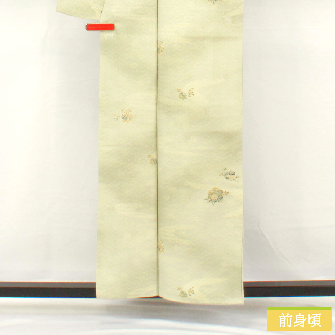 小紋 ポリエステル 身丈157.5cm 裄丈64.5cm 袷 薄緑色（うすみどりいろ） 洗える着物 吉祥文様 しつけ糸付き 未使用品 Sランク 緑系 1115004562319