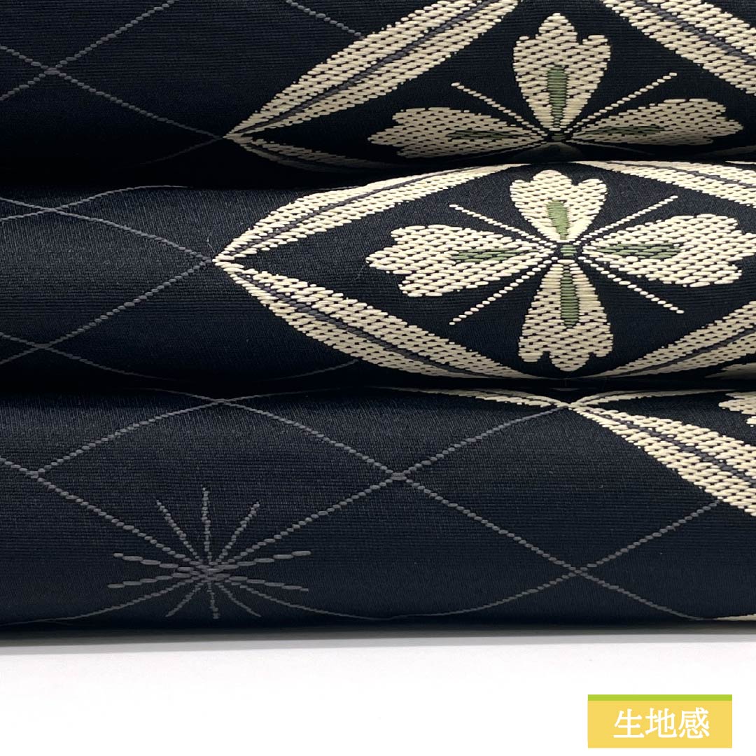 (Kyoto Fukuro Obi) Nagoya Obi, Polyester, S-Rank, Reversible, Hanabishi Pattern, Length 384cm, Full Length, Semi-Formal, Black, 1124011012410, Open-Ended
