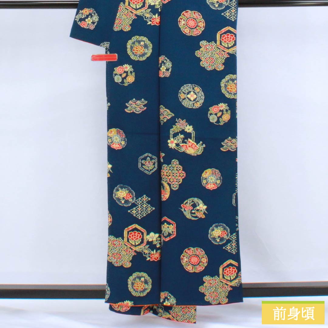Komon (small pattern) silk, A-rank, length 157.5cm, sleeve length 63cm, lined, iron grape color, stencil dyeing, classic pattern, navy blue, 1115006543318