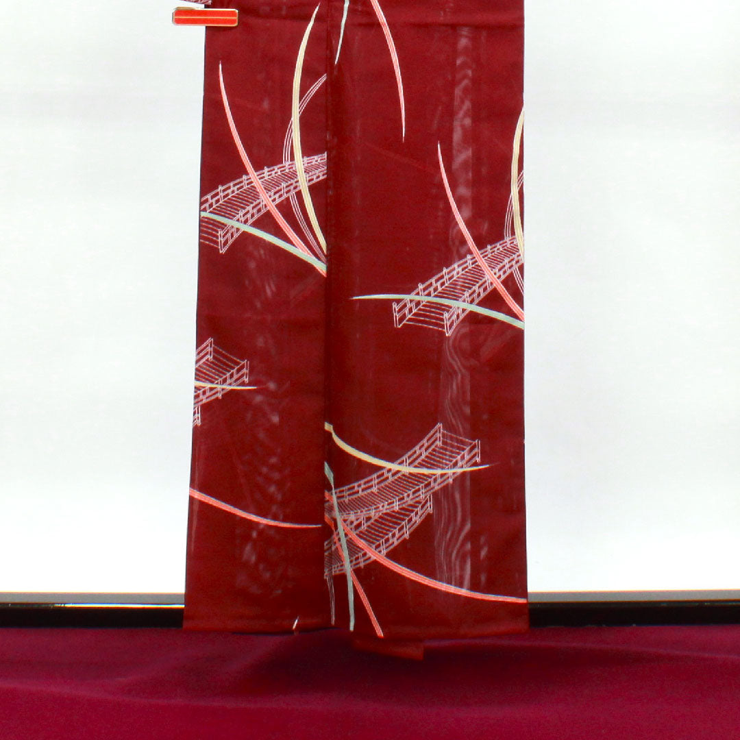 夏物 ポリエステル 小紋 身丈157cm 裄丈62cm 小紫色（こむらさきいろ） 洗える着物 風景模様 しつけ糸付き 絽 Sランク 紫系 1132001702320