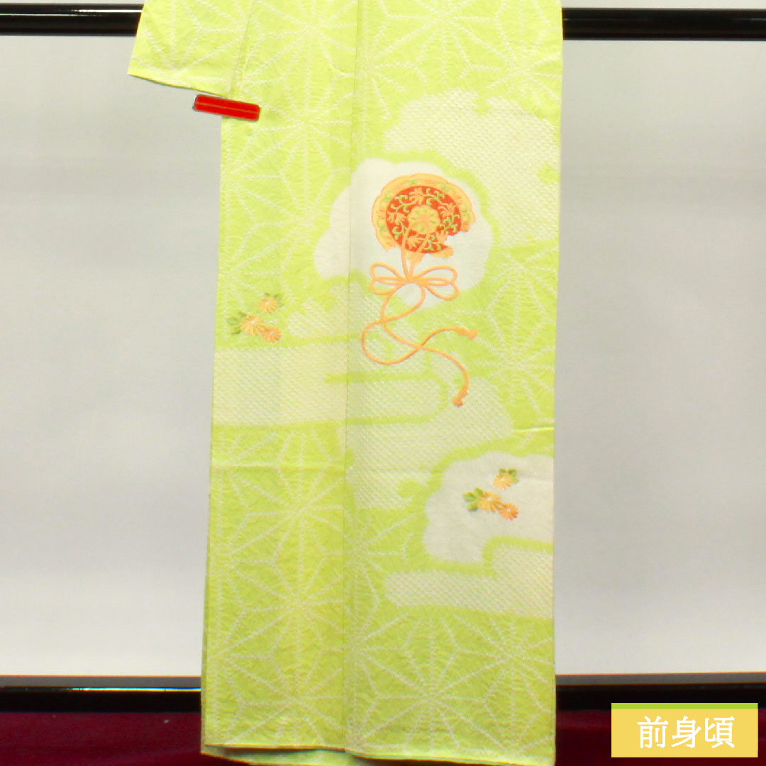Homongi, pure silk, lined, length 162.5cm, sleeve length 62cm, young bud color, embroidery, tie-dye, hemp leaf, A rank, green, 1112003433419