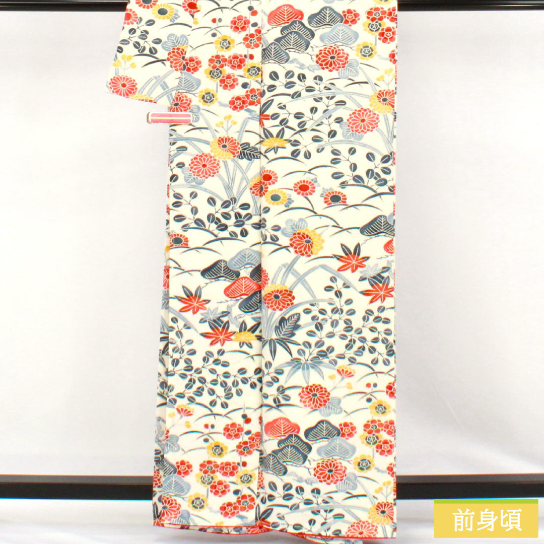 秋色小紋　正絹　新品未着用　しつけ付き　身丈164、裄66.5 美品 リサイクル着物】小紋 正絹 Sランク 身丈161cm 裄丈63cm 袷 京紅型 菊