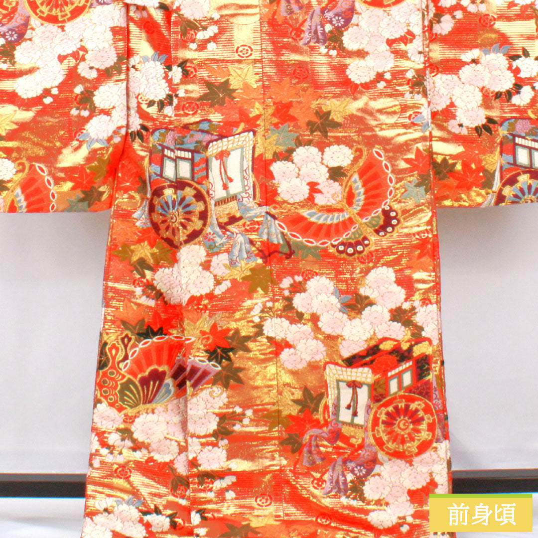 色打掛 正絹 Aランク 身丈184cm 裄丈60.5cm 唐織 蝶 草花模様 袷 朱系 1110001003916