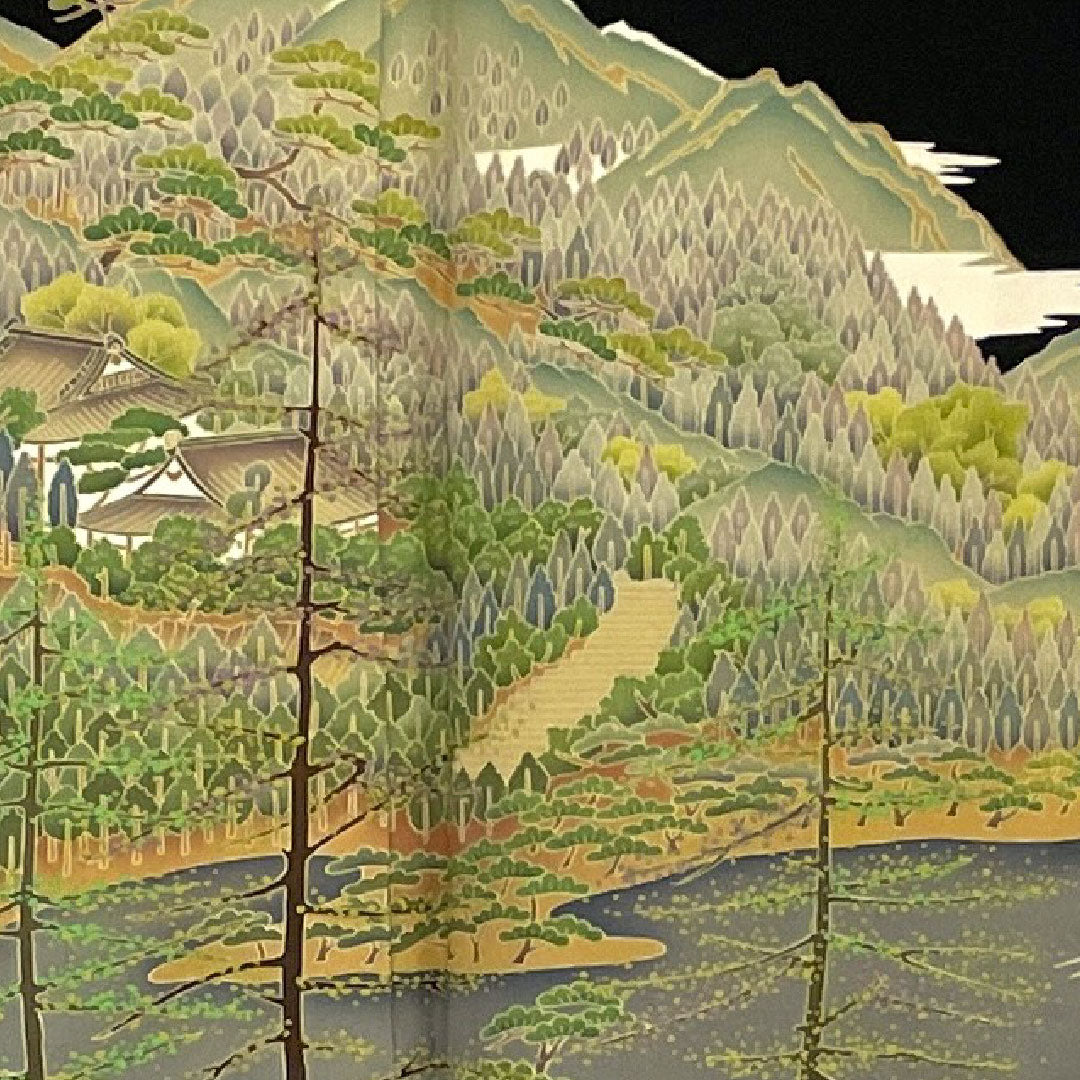 黒留袖 身丈165.5cm 裄丈65cm 袷 風景模様 下がり藤に三ツ割銀杏 正絹 Sランク 五つ紋 黒系 1111000262510