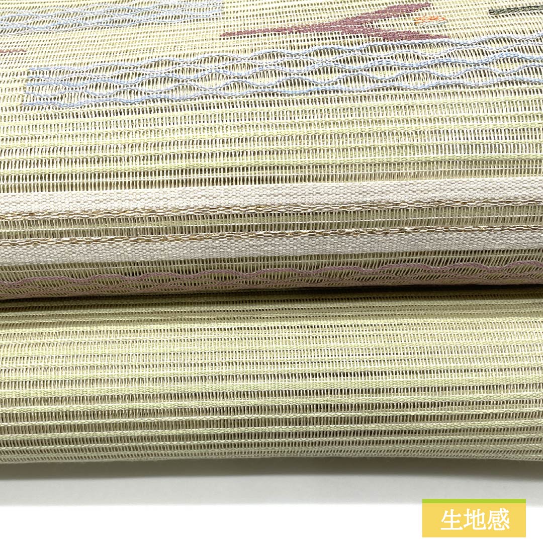 名古屋帯 硫黄色（いおういろ） 夏帯 櫛織 抽象模様 帯丈365cm 正絹 Sランク ポイント柄 カジュアル 緑系 1124008642319 松葉仕立て
