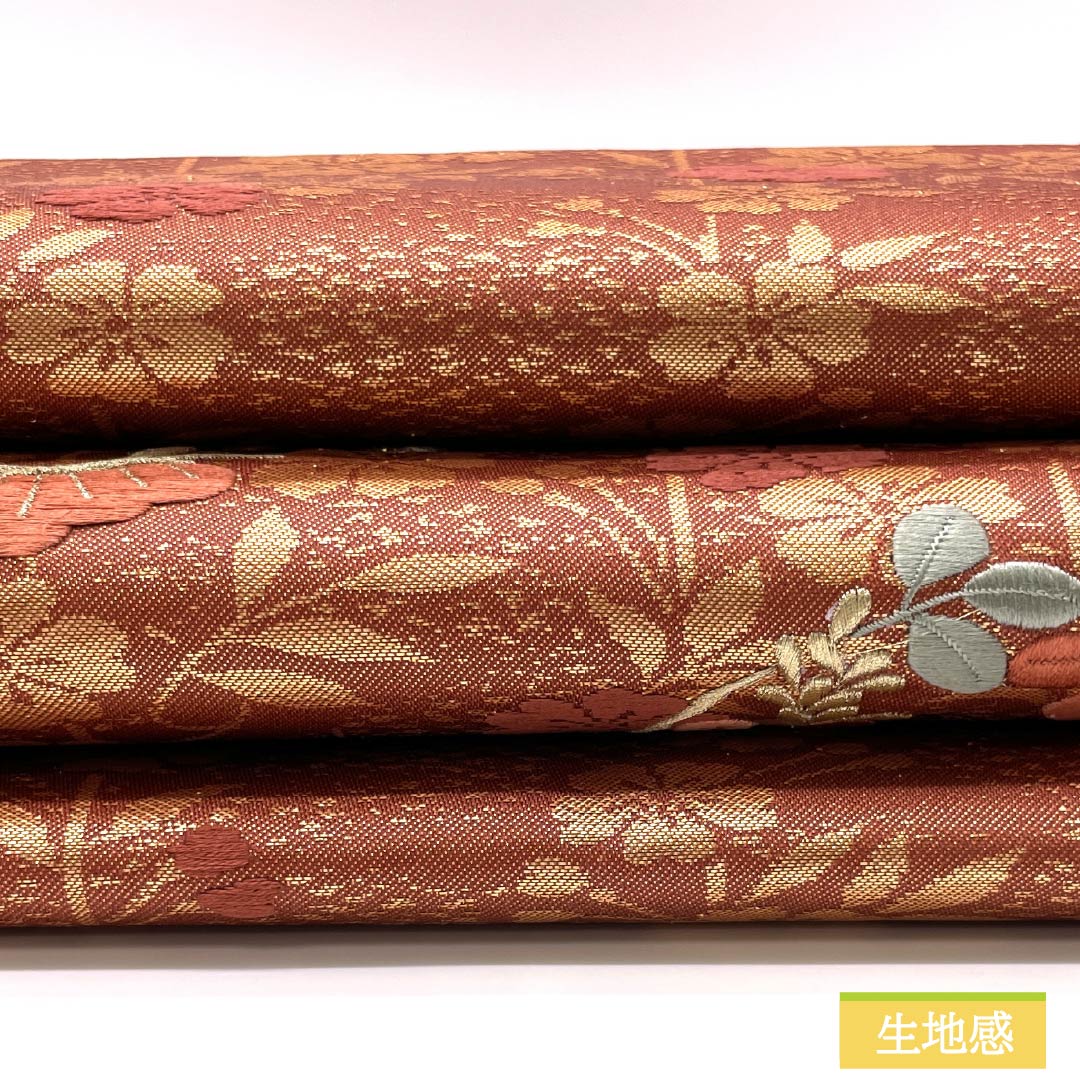 サツキ様正絹　本純金糸使用　朱色 リサイクル着物】名古屋帯 吾木香色（われもこういろ） 松 刺繍 花模様