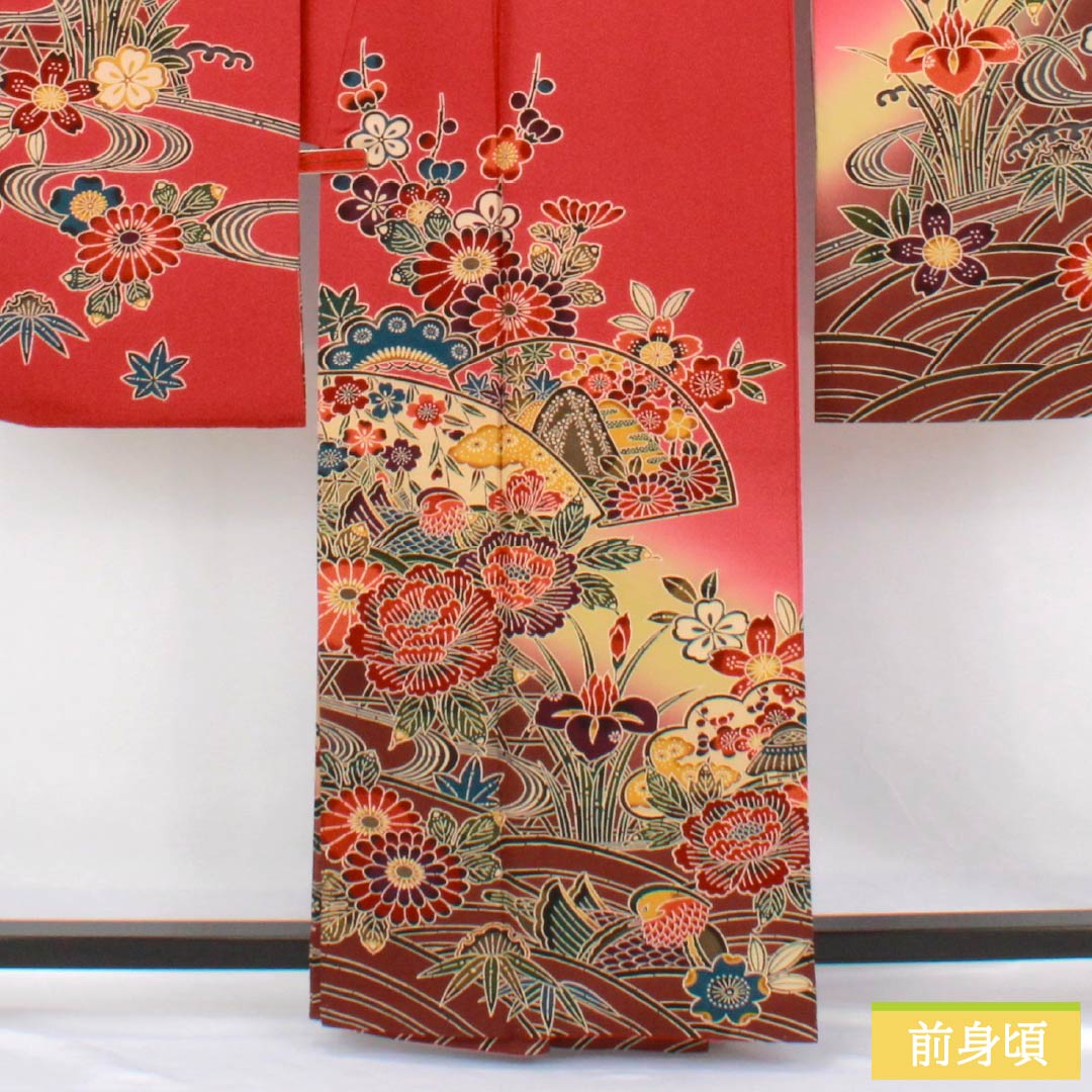 Silk Furisode, S-rank, Length 162.5cm, Sleeve-to-sleeve 68cm, Lined, Momiiro (crimson), Kyo-Bingata, Auspicious patterns, Floral, Fan motif, Flowing water, Red family, 1113002672412