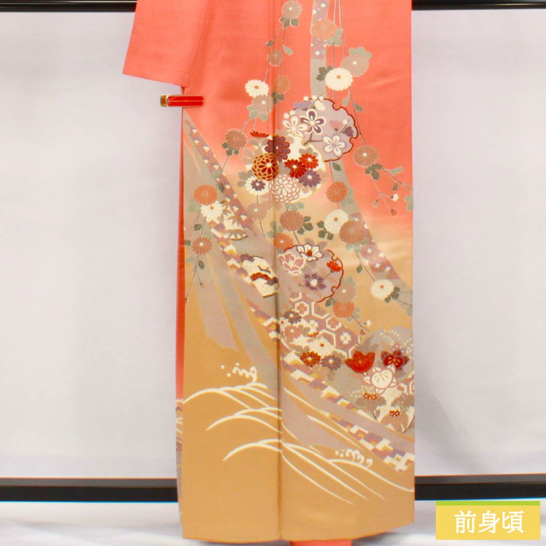 訪問着 正絹 Aランク 袷 身丈160.5cm 裄丈65.5cm 榴花紅色（リューホワホンいろ） 京友禅 雪輪 菊 橘 紗綾形 ピンク系 1112006233413