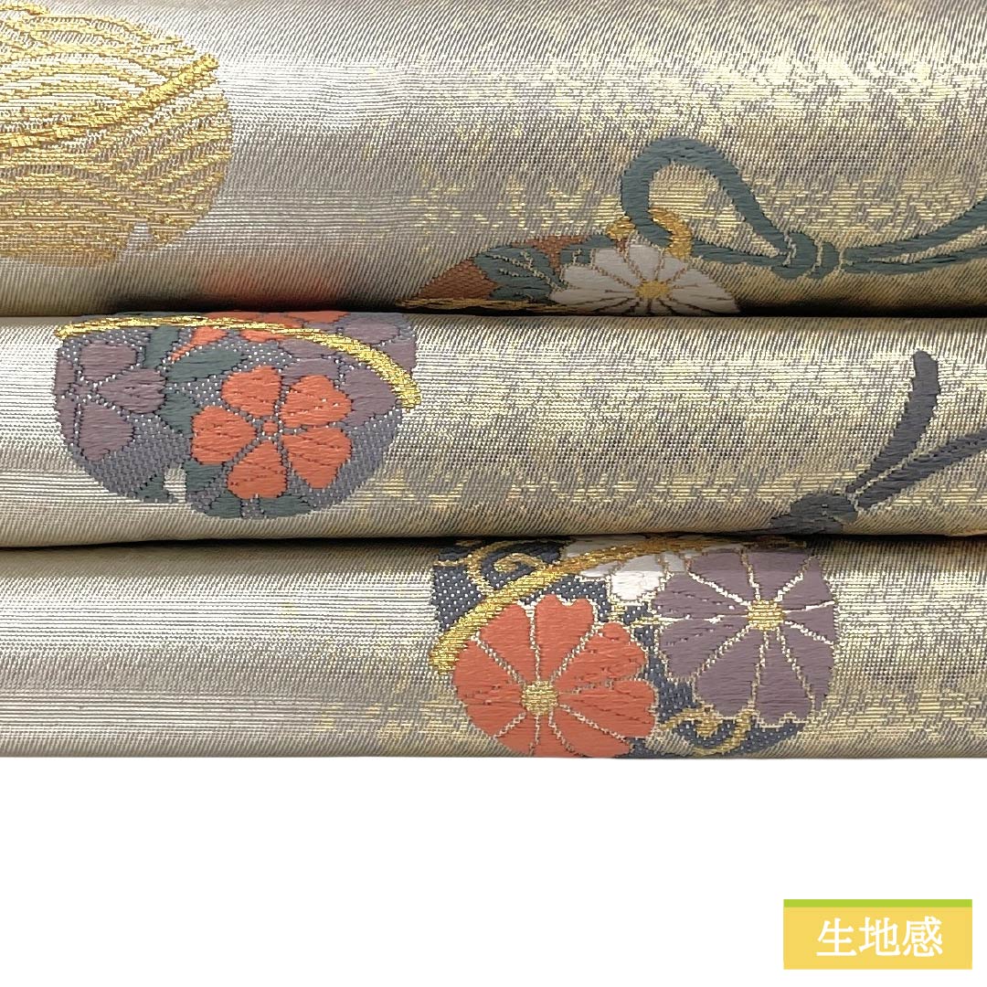 袋帯 正絹 Aランク 銀色（ぎんいろ） 引箔 入卒式 鈴 古典柄 帯丈442cm 六通 セミフォーマル 銀系 1123018473322