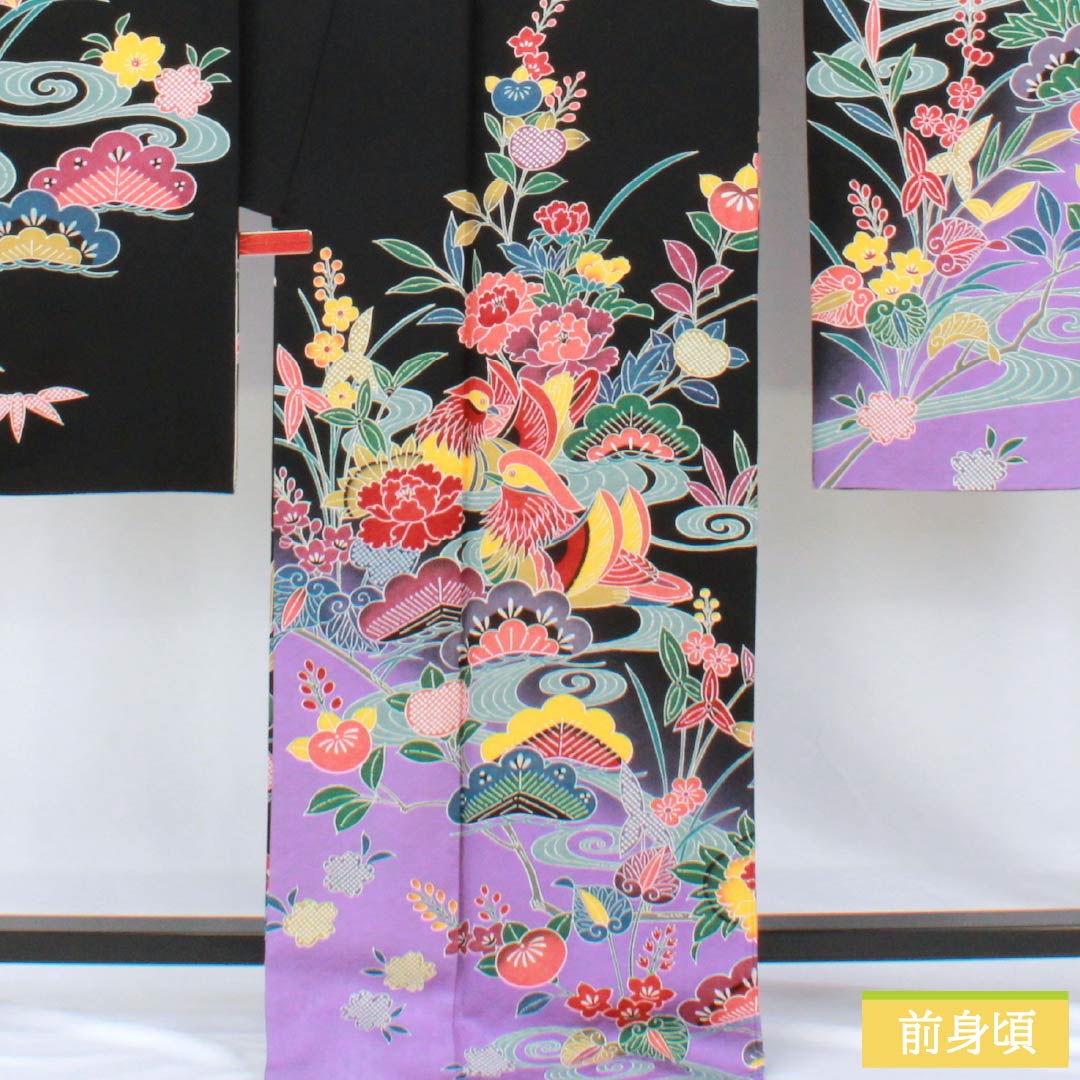 リサイクル着物】振袖 正絹 Sランク 身丈170cm 裄丈70cm 袷 黒色 京