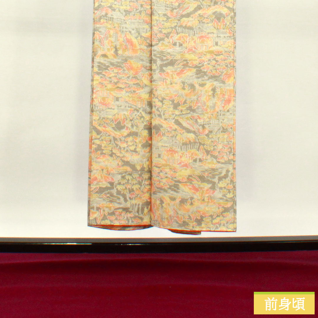 Tsumugi silk, length 150.5cm, sleeve length 62cm, silk grey, landscape pattern, basting thread included, unused, S rank, lined, grey, 1116003402122