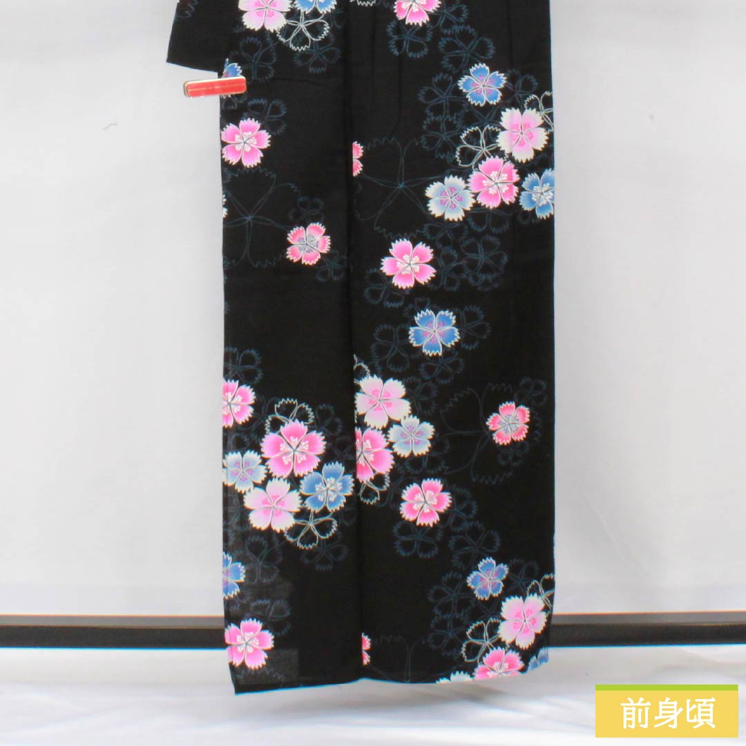 Cotton Yukata, Length 160cm, Sleeve Length 66cm, S Rank, Single Layer, Black, Pink, 1118006142410