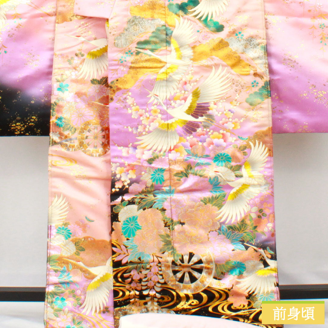 色打掛 正絹 Bランク 身丈188cm 裄丈66cm 金彩加工 花車 鶴 流水 雲取り 袷 ピンク系 1110000924913