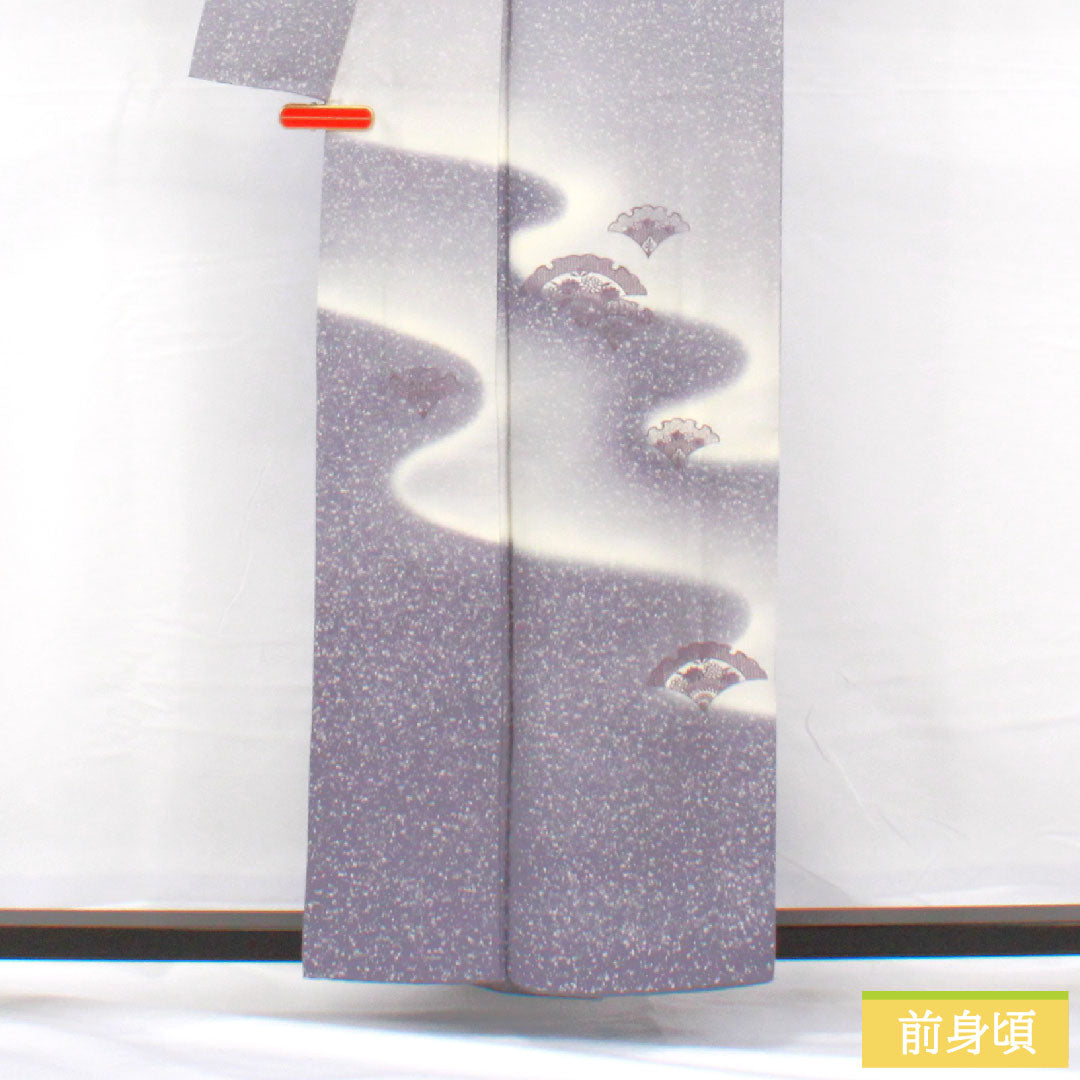 訪問着 正絹 袷 身丈157.5cm 裄丈61.5cm つるば鼠色（つるばねずいろ） タタキ染 扇 一つ紋 中陰三階菱 Aランク 紫系 1112005223320