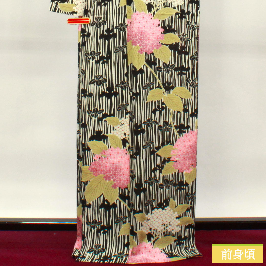 Summer kimono, polyester, small pattern, length 169.5cm, sleeve length 70cm, hydrangea, washable kimono, basting thread included, unused, silk, S rank, black, 1132001852510