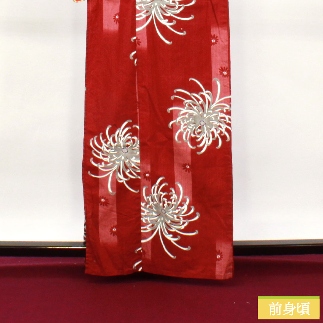Yukata Cotton Length 163.5cm Sleeve length 69.5cm S rank Single layer Red Crimson Chrysanthemum 1118005132412