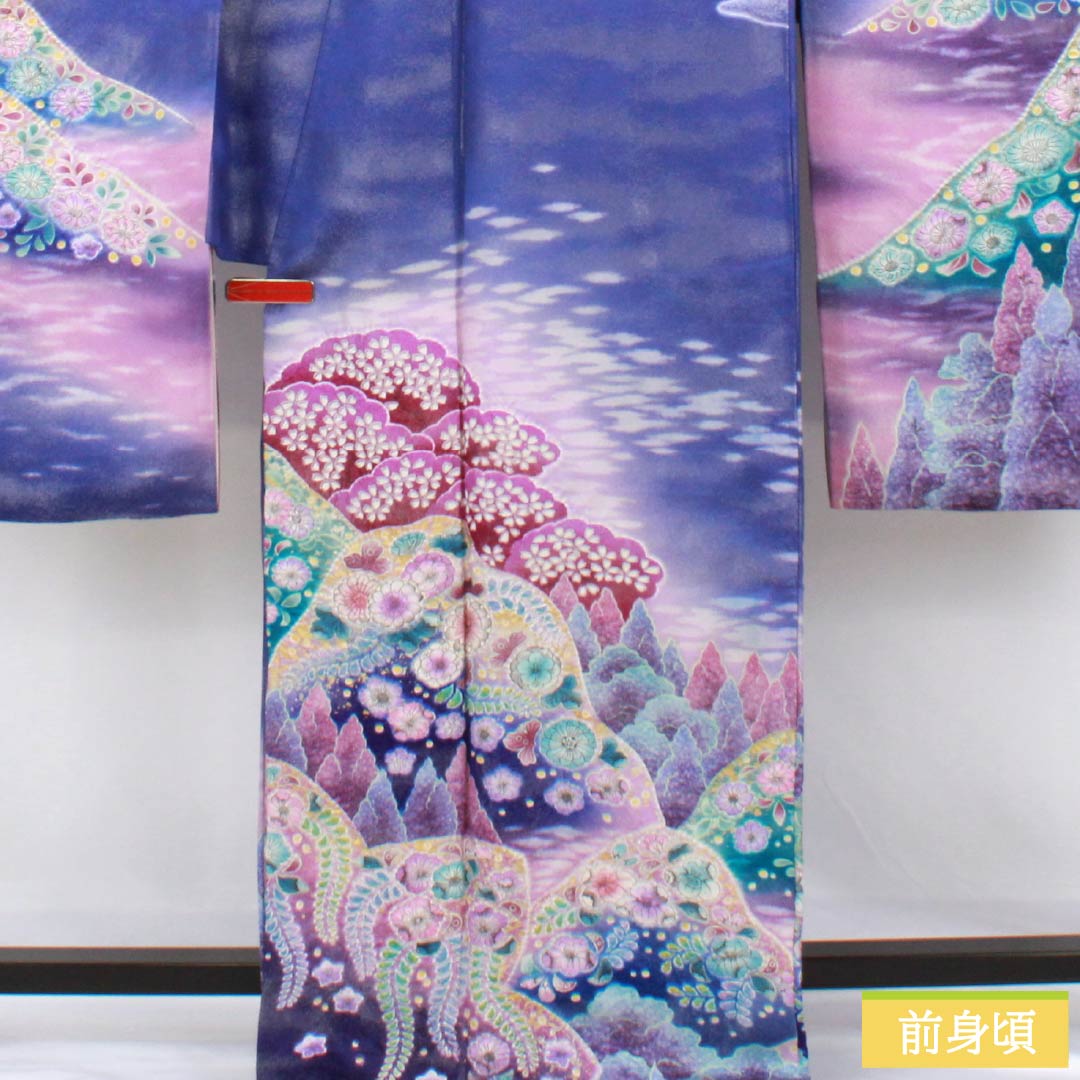 A5 ◆着物くつろぎ 花々模様 青紫色系 正絹 袷 振袖 着物 K10 リサイクル着物】振袖 正絹 Sランク 身丈172.5cm 裄丈68cm 袷 青紫色