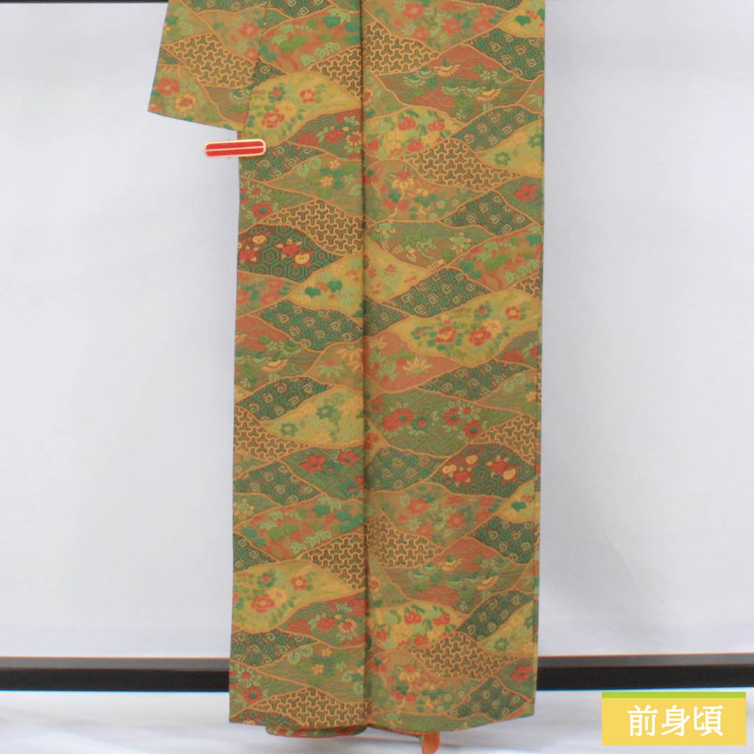 小紋 着物 中古 正絹 袷 カジュアル 花模様 牡丹 波文 菖蒲色 多色 金 身丈155cm 裄67cm SA きもの北條 A1190-2 小紋 着物 中古 正絹 袷 カジュアル 花模様 牡丹 波文 菖蒲色 多色 金