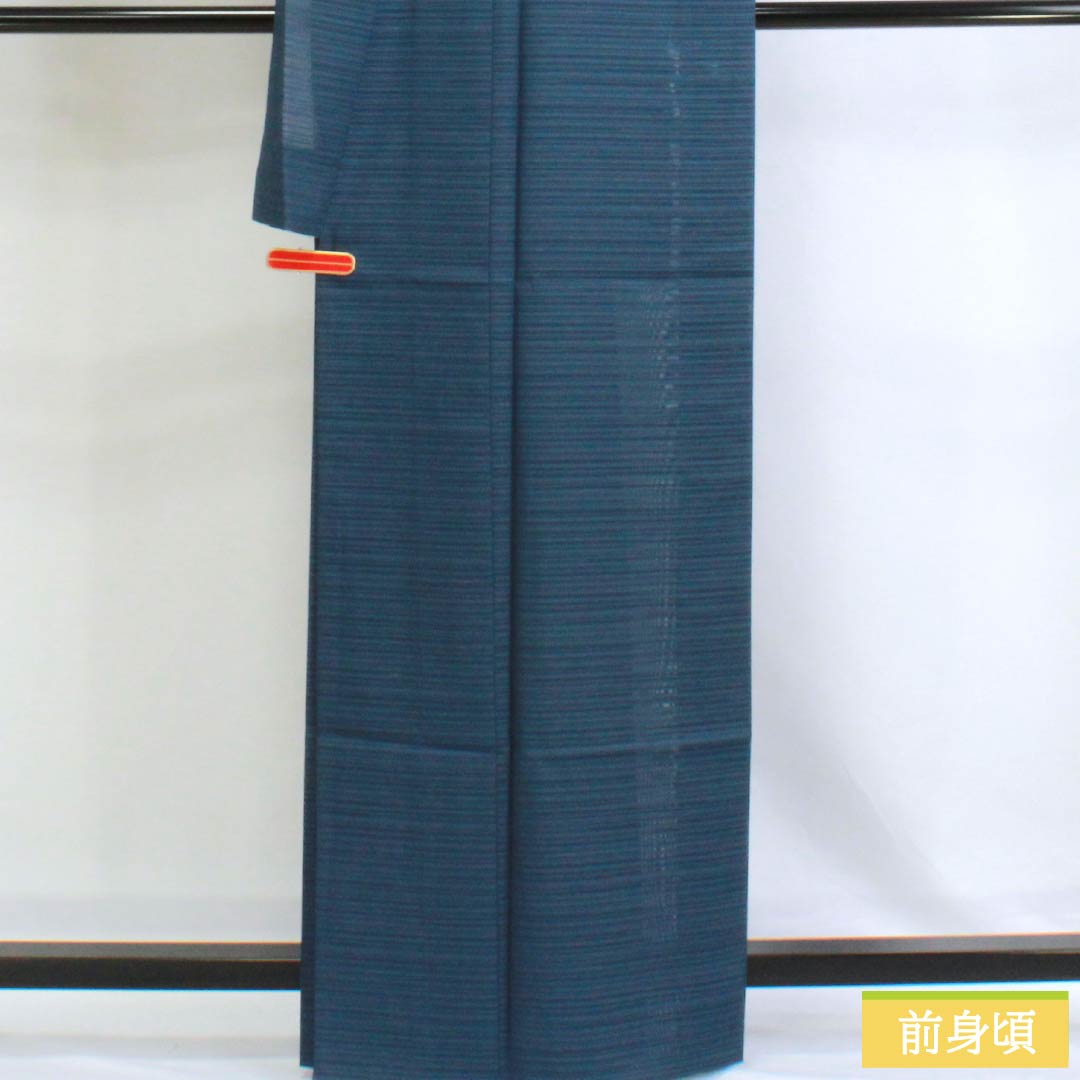 夏物 ポリエステル 色無地 Sランク 身丈164cm 裄丈63cm 裏色（うらいろ） 一つ紋 中陰角立四ツ目 きもの英 絽 青系 1132003212417