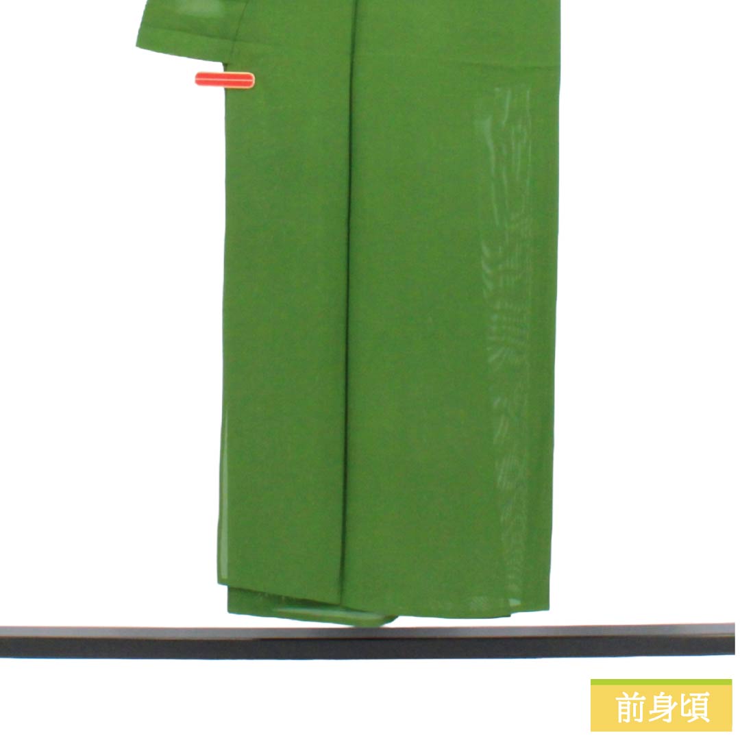 夏物 正絹 色無地 Sランク 身丈148.5cm 裄丈64cm 次緑色（つぎのみどりいろ） 菱に花柄 一つ紋 総陰の剣片喰 絽 緑系 1132004852119