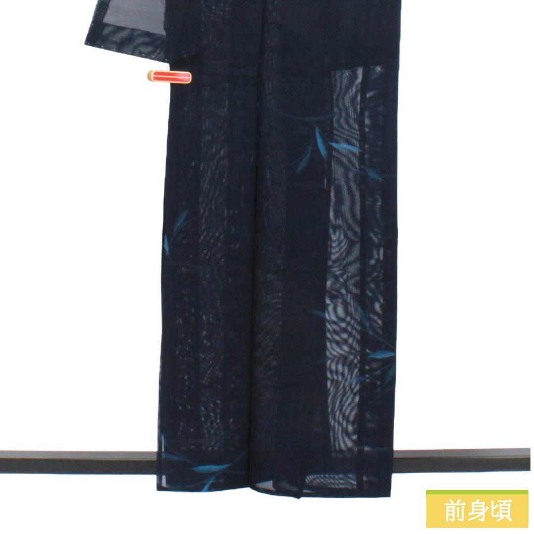 夏物 正絹 お召 Sランク 身丈158cm 裄丈62cm 紺色（こんいろ） 露芝 草花模様 紗 紺系 1132004282318