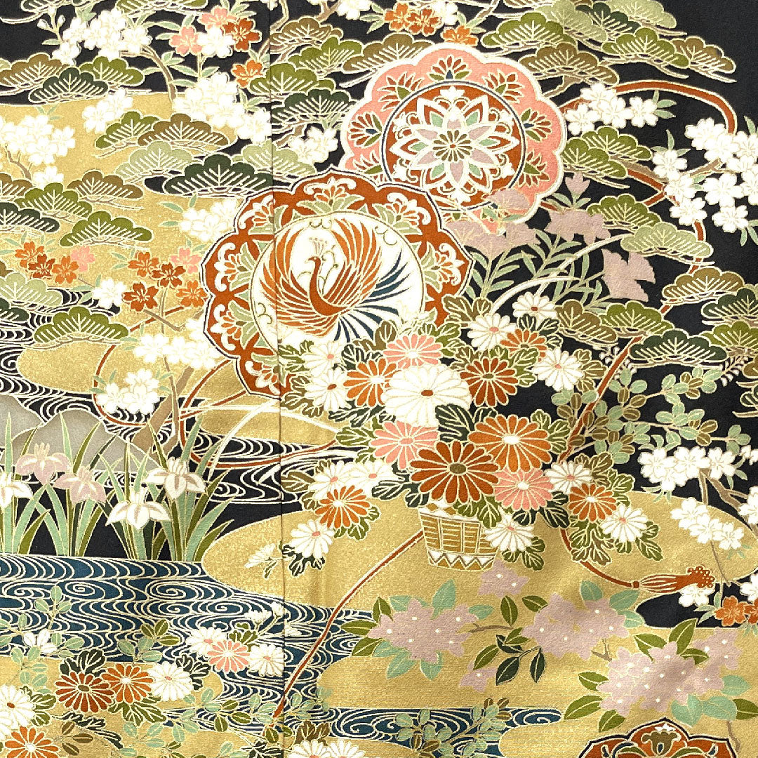 黒留袖 身丈163.5cm 裄丈62.5cm 袷 京友禅 吉祥文様 丸に抱き沢瀉 正絹 Aランク 五つ紋 黒系 1111000633410