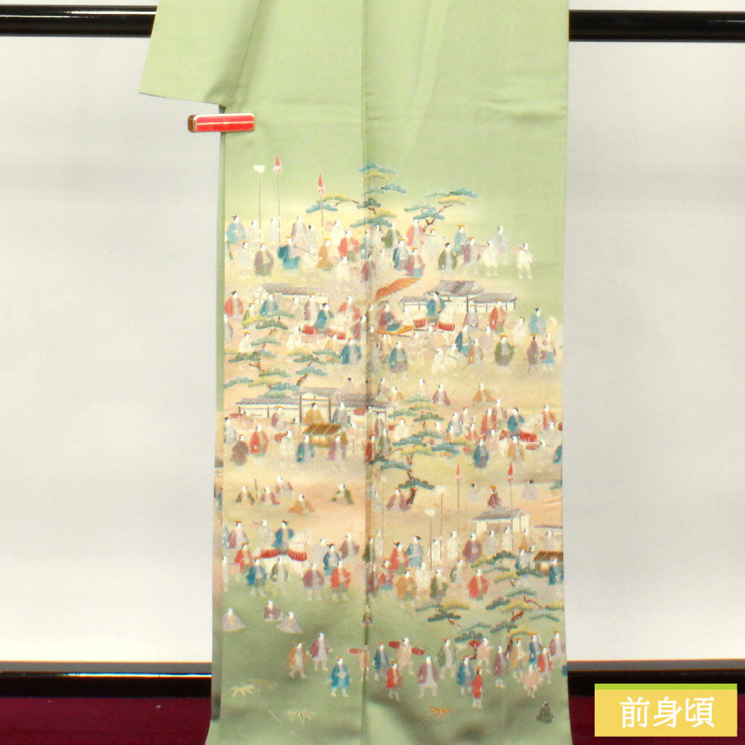 Colored Tomesode, pure silk, length 165cm, sleeve length 64.5cm, lined, ura-hairo (back leaf color), Kyo-Yuzen, Daimyo procession, plum blossom, one crest, with basting thread, unused, S rank, one crest, green, 1111001202519