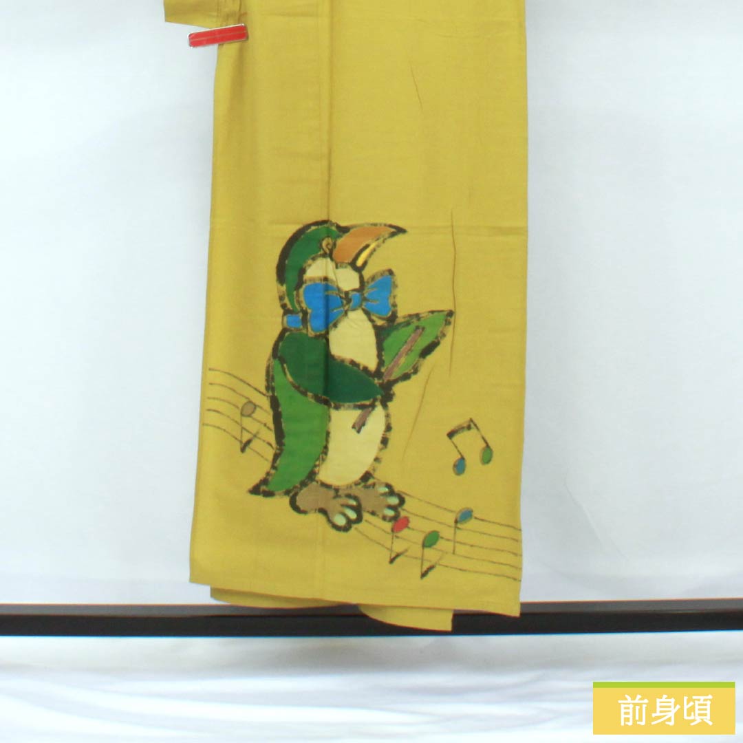 浴衣 木綿 身丈153cm 裄丈62.5cm Aランク 単衣 黄系 浅黄色（あさききいろ） ペンギン 1118005783223