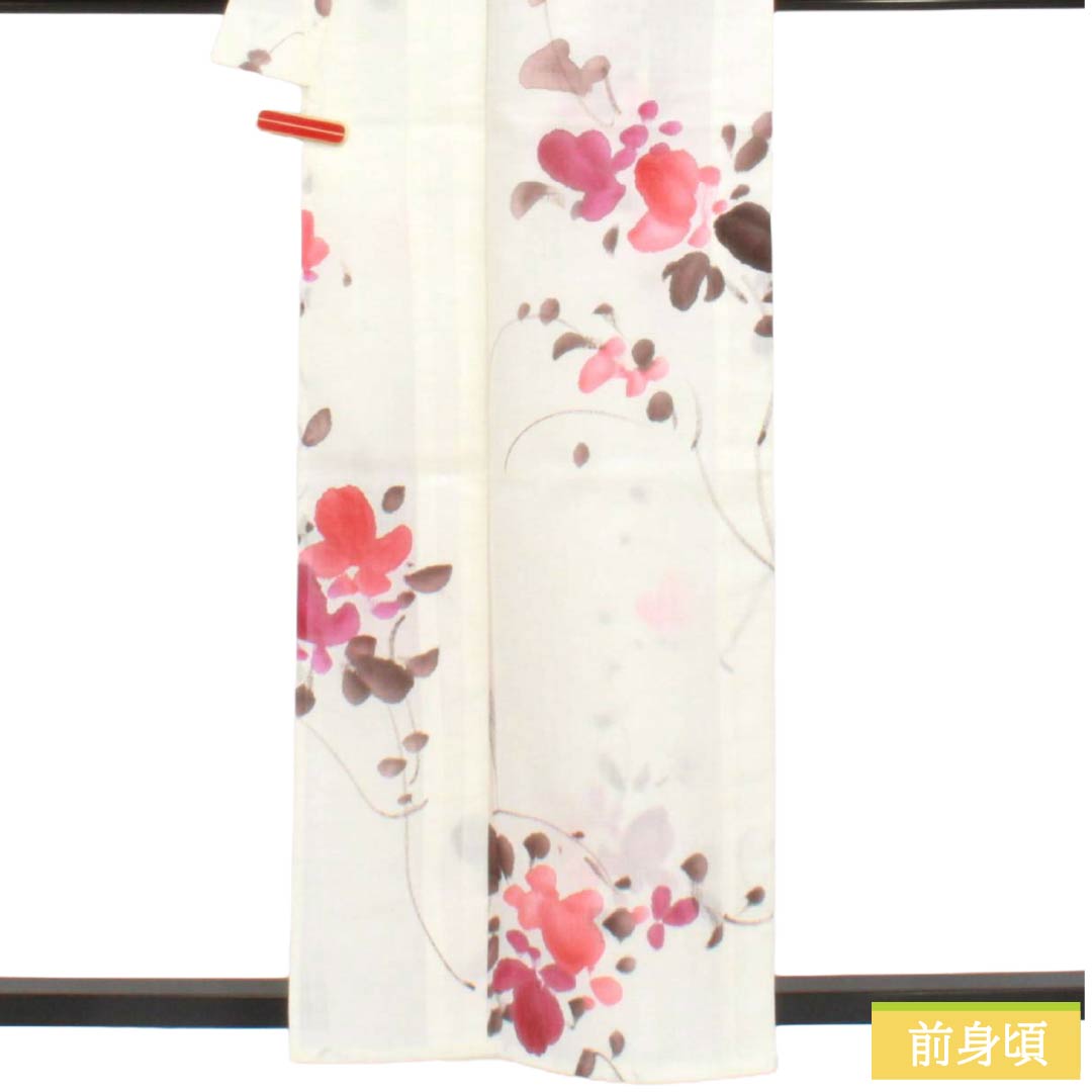 夏物 ポリエステル 小紋 Aランク 身丈158.5cm 裄丈66cm 洗える着物 濡れ描き 草花模様 紗 白系 1132006303311