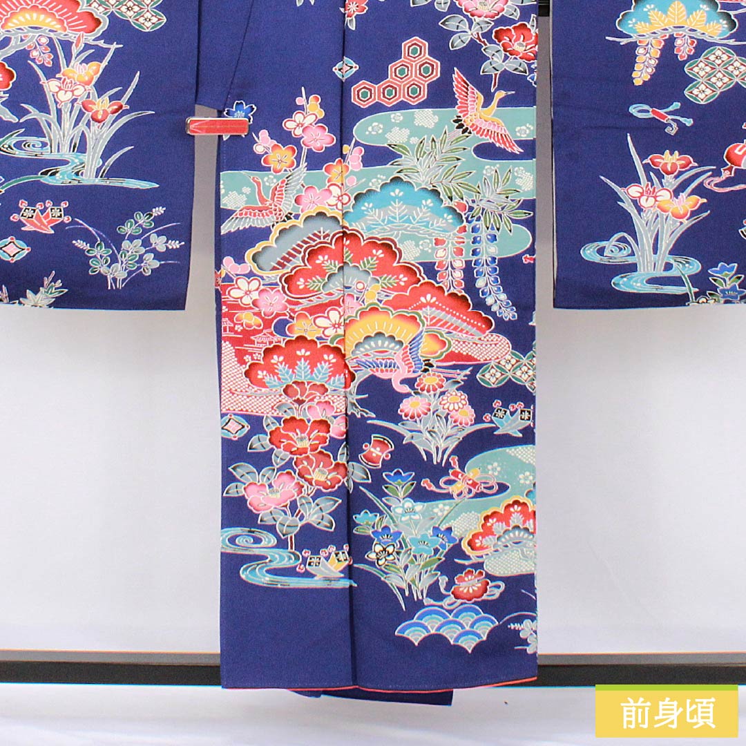 振袖 正絹 Aランク 身丈154.5cm 裄丈65cm 袷 青紫色（あおむらさきいろ） 京紅型 吉祥文様 松 藤 菖蒲 青系 1113002383217