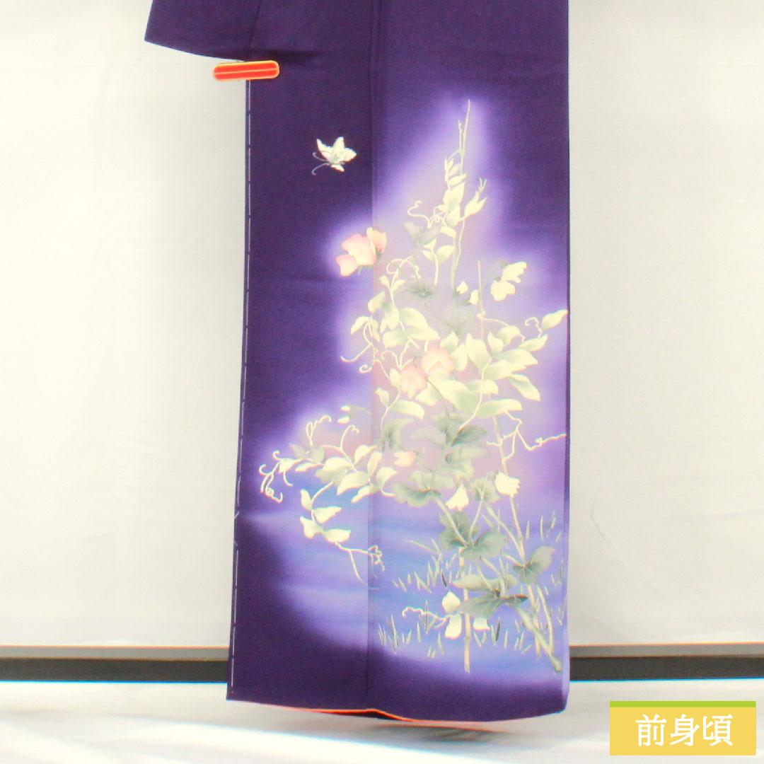 訪問着 正絹 袷 身丈160cm 裄丈62.5cm 菫色（すみれいろ） 京友禅 草花模様 Aランク 紫系 1112005323420